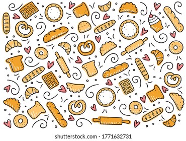 Hand drawn set of bakery and baking elements, bread, pastry, croissant, cake, donut. Doodle sketch style. Bakery element drawn by digital pen. Vector illustration for menu, frame, recipe design.