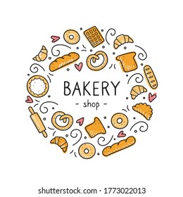 Hand drawn set of bakery and baking elements, bread, pastry, croissant, cake, donut. Doodle sketch style. Bakery element drawn by digital pen. Vector illustration for menu, frame, recipe design.