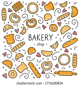 Hand drawn set of bakery and baking elements, bread, pastry, croissant, cake, donut. Doodle sketch style. Bakery element drawn by digital pen. Vector illustration for menu, frame, recipe design.