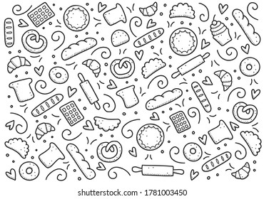 Hand drawn set of bakery and baking elements, bread, pastry, croissant, cake, donut. Doodle sketch style. Bakery element drawn by digital pen. Vector illustration for menu, frame, recipe design.