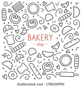 Hand drawn set of bakery and baking elements, bread, pastry, croissant, cake, donut. Doodle sketch style. Bakery element drawn by digital pen. Vector illustration for menu, frame, recipe design.