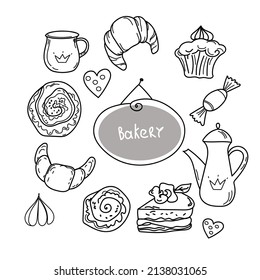 Hand drawn set of bakery and baking elements, doodle sketch style design.