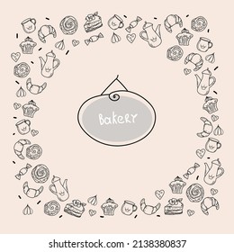 Handgezeichnete Set von Bäckerei- und Backelementen, Doodke-Skizze-Design.