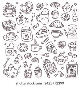 Hand drawn set of bakery and baking elements, teatime. Doodle sketch style. Vector illustration for menu, frame, recipe design. Line style pattern