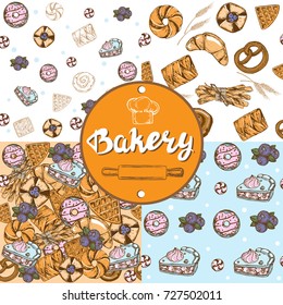 hand drawn set bakery, donut, blue cake and blueberries seamless pattern collection