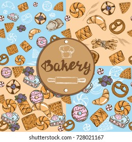 hand drawn set bakery, donut, blue cake and blueberries seamless pattern on a blue background