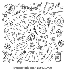 Hand drawn set bakery doodle vector illustration isolated on white background. Outline bakery objects. Design for greeting cards, scrapbooking, textile, wrapping paper, cafe, restaurant menu, logo