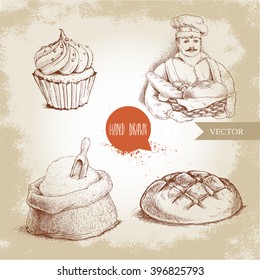 Hand drawn set bakery illustrations. Baker with basket of fresh bread, loaf, cupcake  and sack with flour and wooden scoop.