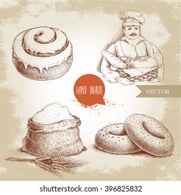 Hand drawn set bakery illustrations. Baker with basket of fresh bread, sesame bagels, iced sweet cinnamon bun and sack with whole flour with wheat bunch.