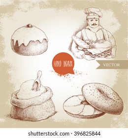 Hand drawn set bakery illustrations. Baker with basket of fresh bread, sesame bagel with cream cheese, iced sweet bun with cherry and sack with whole flour with wooden scoop.