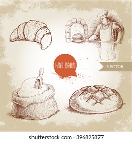 Hand drawn set bakery illustrations. Baker making fresh bread in stone oven, croissant, bread loaf, wheat flour sack with wooden scoop.