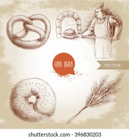 Hand drawn set bakery illustrations. Baker making fresh bread in stone oven, sesame bagel, german pretzel and wheat bunch. 