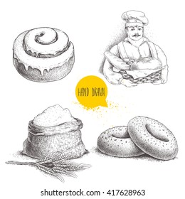 Hand drawn set bakery illustrations. Baker with fresh bread, sesame bagels, iced sweet cinnamon bun and sack with whole flour and wheat bunch. Vector illustrations isolated on white background.