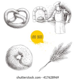 Hand drawn set bakery illustrations. Baker making fresh bread in stone oven, sesame bagel, german pretzel and wheat bunch. Bakery and mill vector isolated on white background.