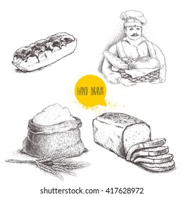 Hand drawn set bakery illustrations. Baker with fresh bread, sliced loaf, eclair and sack with  flour and wheat bunch. Isolated on white background.