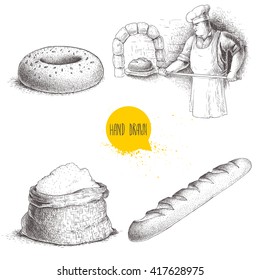 Hand drawn set bakery illustrations. Baker making fresh bread in stone oven, sesame bagel, fresh baguette and flour sack. Vector drawings isolated on white background.
