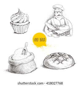 Hand drawn set bakery illustrations. Baker with basket of fresh bread, loaf, cupcake  and sack with flour and wooden scoop isolated on white background.