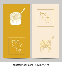 Hand drawn set of bakery shop poster with creme brulee. Design sketch element for menu cafe, bistro, restaurant, bakery and packaging.  Vector illustration.