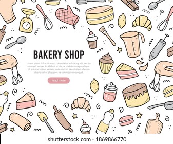 Hand drawn set of baking and cooking tools, mixer, cake, spoon, cupcake, scale. Doodle sketch style. Illustration for banner, menu, recipe book, baking site design.