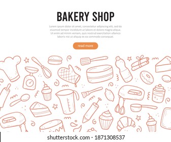 Juego de herramientas de cocción y horneado a mano, mezclador, tarta, cuchara, quequito, báscula. Estilo de dibujo de Doodle. Ilustración para el sitio de panadería, diseño de pancartas.