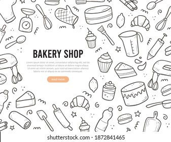 Hand drawn set of baking and cooking tools, mixer, cake, spoon, cupcake, scale. Doodle sketch style. Illustration for frame, banner, bakery site design.