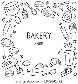 Hand drawn set of baking and cooking tools, mixer, cake, spoon, cupcake, scale. Doodle sketch style. Illustration for frame, banner, bakery site design.