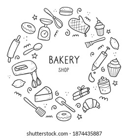 Hand drawn set of baking and cooking tools, mixer, cake, spoon, cupcake, scale. Doodle sketch style. Illustration for frame, banner, bakery site design.