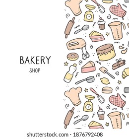 Hand drawn set of baking and cooking tools, mixer, cake, spoon, cupcake, scale. Doodle sketch style. Illustration for frame, banner, bakery site design.