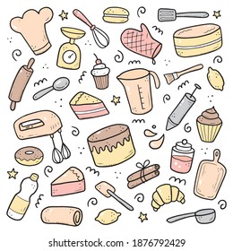Hand drawn set of baking and cooking elements, mixer, cake, spoon, cupcake, scale. Doodle sketch style. Bakery element drawn by digital brush-pen. Illustration for icon, menu, recipe design.