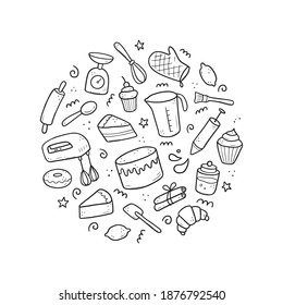 Hand drawn set of baking and cooking elements, mixer, cake, spoon, cupcake, scale. Doodle sketch style. Bakery element drawn by digital brush-pen. Illustration for icon, menu, recipe design.