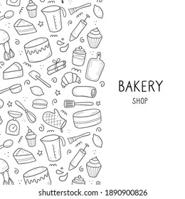 Hand drawn set of baking and cooking tools, mixer, cake, spoon, cupcake, scale. Doodle sketch style. Illustration for frame, poster, banner, menu, recipe book, baking shop, bakery site design.