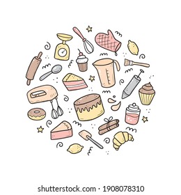 Hand drawn set of baking and cooking elements, mixer, cake, spoon, cupcake, scale. Doodle sketch style. Bakery element drawn by digital brush-pen. Illustration for icon, menu, recipe design.
