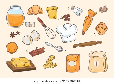 Conjunto de elementos de cocción y horneado a mano, mezclador, cuchara, harina, especias, escala. Estilo de dibujo de Doodle. Elemento de panadería dibujado por bolígrafo digital. Ilustración de icono, menú, diseño de recetas.