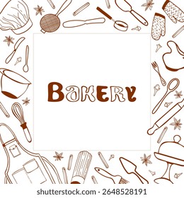 Hand drawn set of baking and cooking tools: spoon, mixer, scale, hat, spatula. Doodle sketch style. Vector illustration.