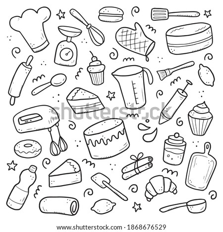 Hand drawn set of baking and cooking elements, mixer, cake, spoon, cupcake, scale. Doodle sketch style. Bakery element drawn by digital brush-pen. Illustration for icon, menu, recipe design.