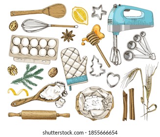 Hand drawn set of baking ingredients and kitchen utencils. Vector illustration