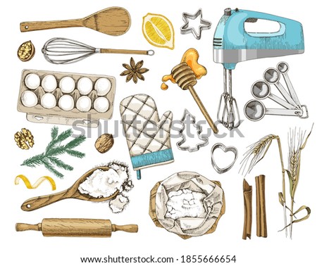 Hand drawn set of baking ingredients and kitchen utencils. Vector illustration