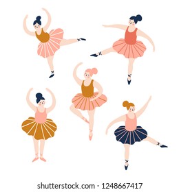 Hand drawn set of ballerinas. Cute dancing girls isolated on the white background. Vector vintage illustration