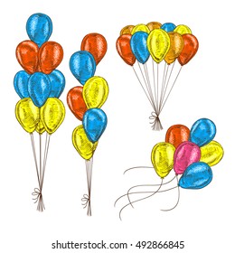 Hand drawn set of balloons. Bunch of balloons. Vector sketch for holidays. Design for cards isolated. Colored balloons. Doodle design. Retro vintage style. Vector illustration.