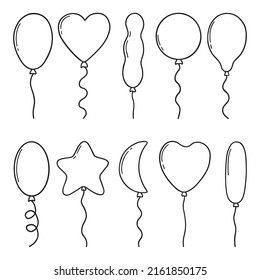 Hand drawn set of balloons doodle. Different shapes of balloons in sketch style. Vector illustration isolated on white background. For posters, greeting cards, birthday party decorations.