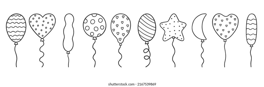 Hand drawn set of balloons doodle. Different shapes of balloons in sketch style. Vector illustration isolated on white background. For posters, greeting cards, birthday party decorations.