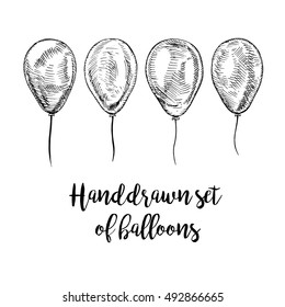 Hand drawn set of balloons. Vector sketch for holidays. Design for cards isolated. Black white balloons. Doodle design. Retro vintage style. Vector illustration.