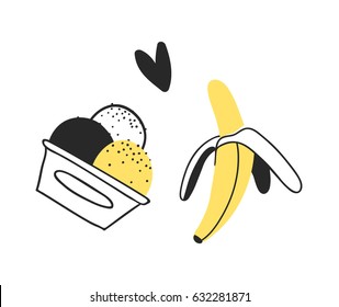 Hand drawn set of banana and ice cream. Vector artistic drawing food. Summer fashion illustration