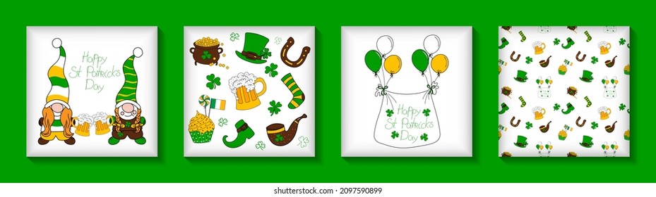Hand drawn set of banner, sticker, seamless pattern for Happy  St. Patrick's Day. Set of elements for background, greeting card, invitation, poster, banner, social media message. Vector illustration.