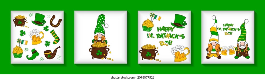 Hand drawn set of banner, sticker with gnomes for Happy  St. Patrick's Day. Set of elements for background, greeting card, invitation, poster, banner, social media message. Vector illustration.