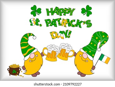 Handgezeichneter Banner, Aufkleber mit Gnomen zum Happy St. Patrick's Day. Elemente für Hintergrund, Grußkarte, Einladung, Poster, soziale Medien, Web. Vektorgrafik. 