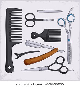 Hand drawn set of barber equipment, scissors, pick comb, razor, thinner, alligator hairclip and more