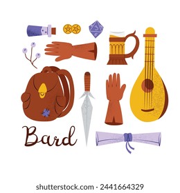 Conjunto dibujado a mano con Bard DnD objetos de carácter y botín, juego de mesa de rol ilustración vectorial, aislado en blanco