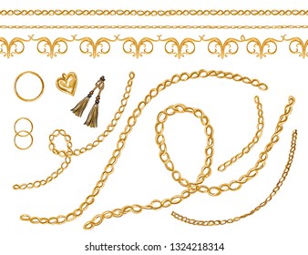 Hand drawn set of the baroque elements,  belts, chain and braid for fabric design. Vector elements isolated on white  background