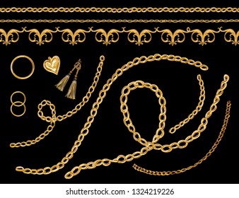 Hand drawn set of the baroque elements,  belts, chain and braid for fabric design. Vector elements isolated on black background